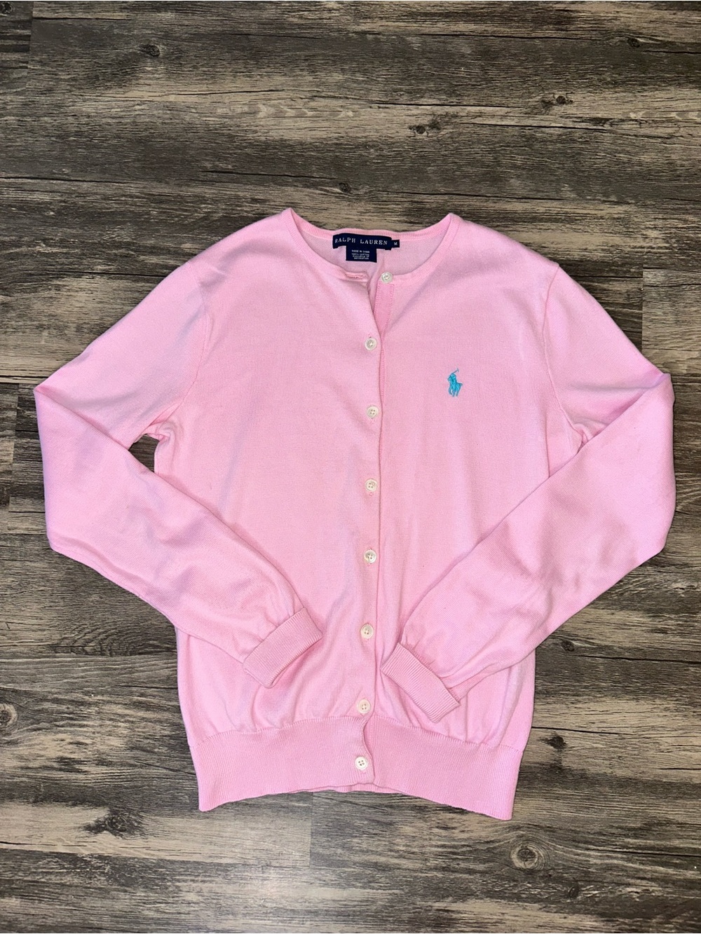 Ralph Lauren Pink Cotton Cardigan Sweater Women’s Medium Blue Pony Logo Button